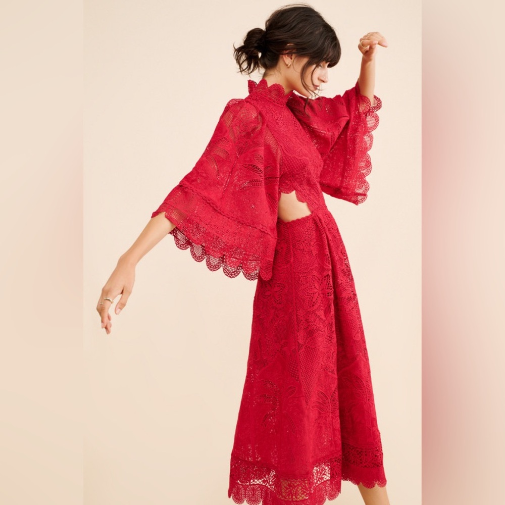 FARM Rio Red Lace Midi Dress